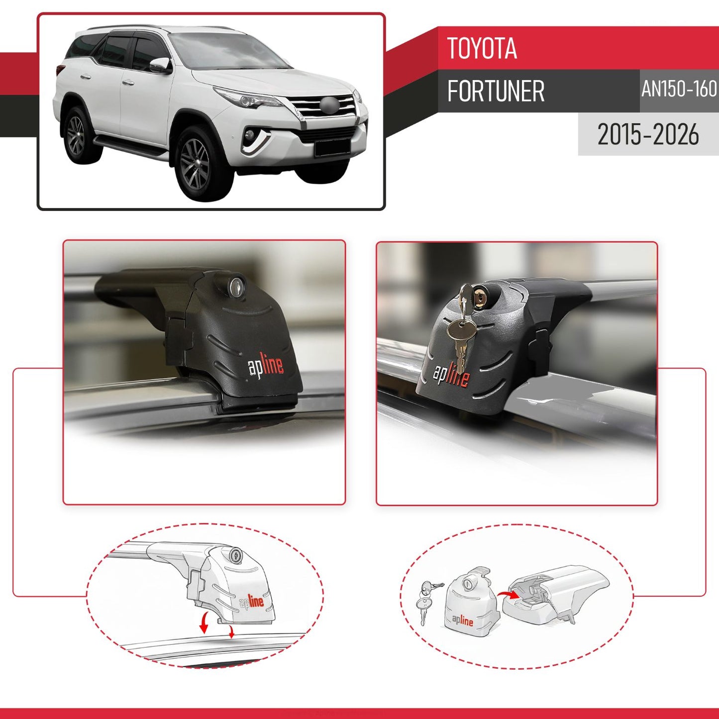 Compatible avec Toyota Fortuner (AN150 AN160) 2015-2026 ACE-2 modèle Barres de Toit Railing Porte-Bagages de Voiture Gris Aluminium Barres