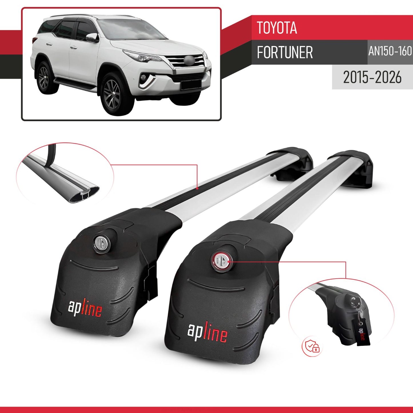 Compatible avec Toyota Fortuner (AN150 AN160) 2015-2026 ACE-2 modèle Barres de Toit Railing Porte-Bagages de Voiture Gris Aluminium Barres