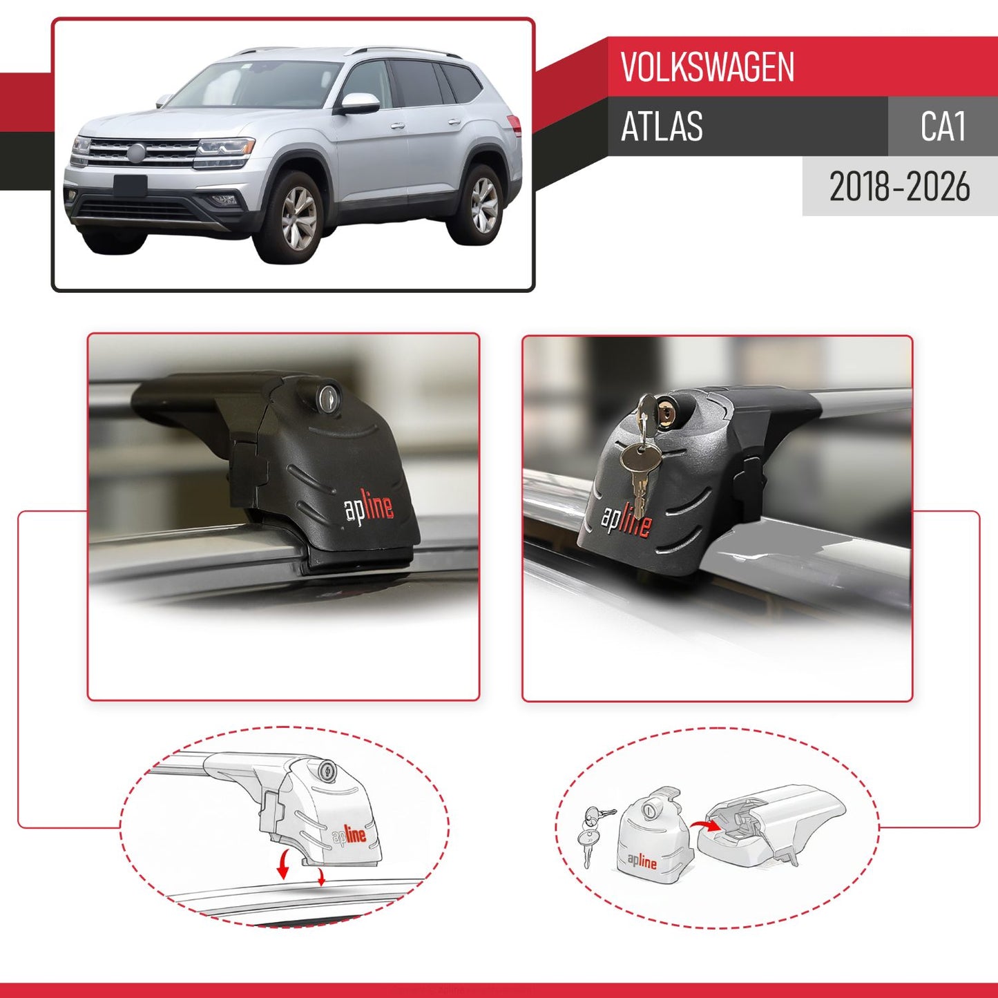 Compatible with Volkswagen Atlas (CA1) 2018-2025 ACE-2 Car Roof Rack Cross Bar Grey Aluminium 2 Bars