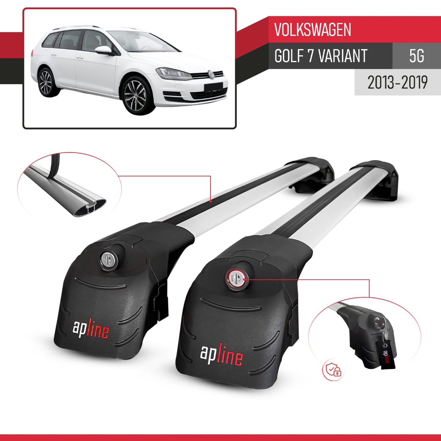 Compatible with Volkswagen Golf 7 (5G) Variant 2013-2019 ACE-2 Car Roof Rack Cross Bar Grey Aluminium 2 Bars