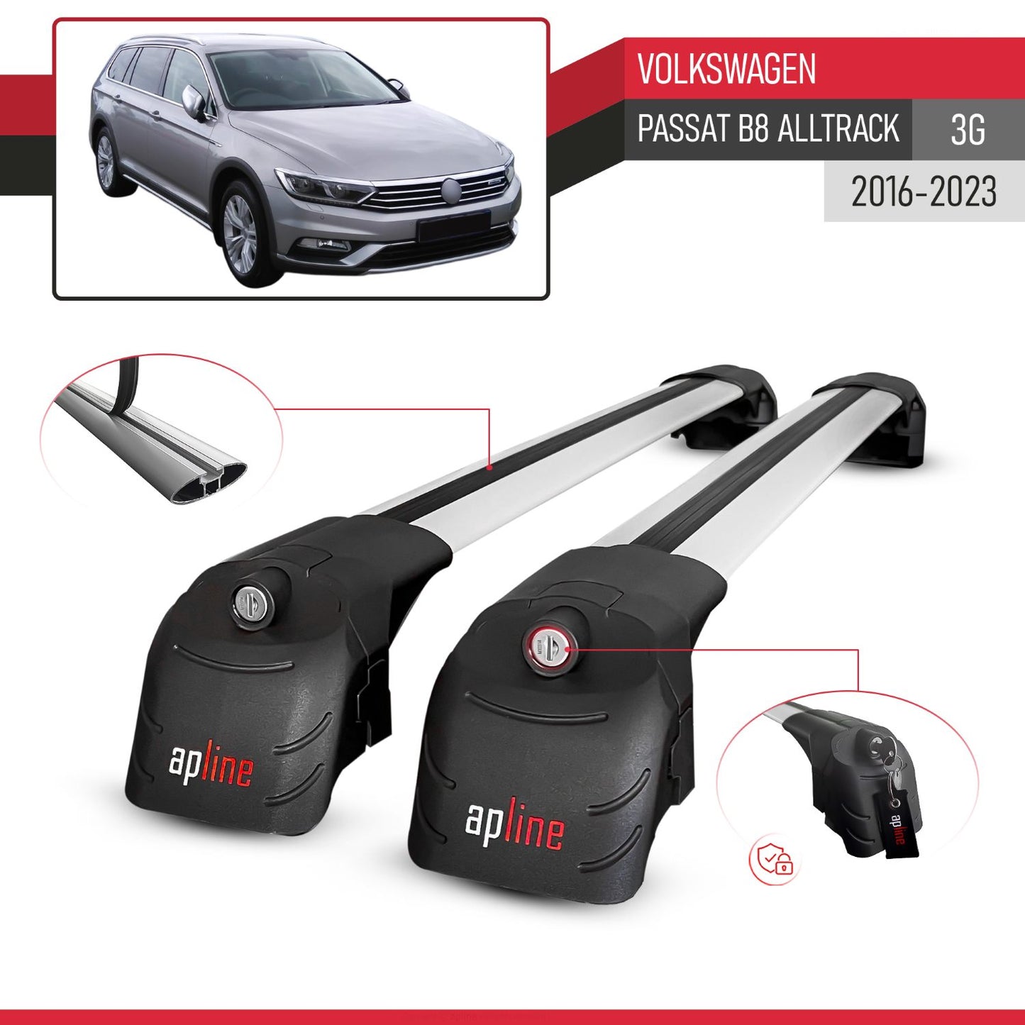 Compatible with Volkswagen Passat B8 (3G) Alltrack 2016-2023 ACE-2 Car Roof Rack Cross Bar Grey Aluminium 2 Bars