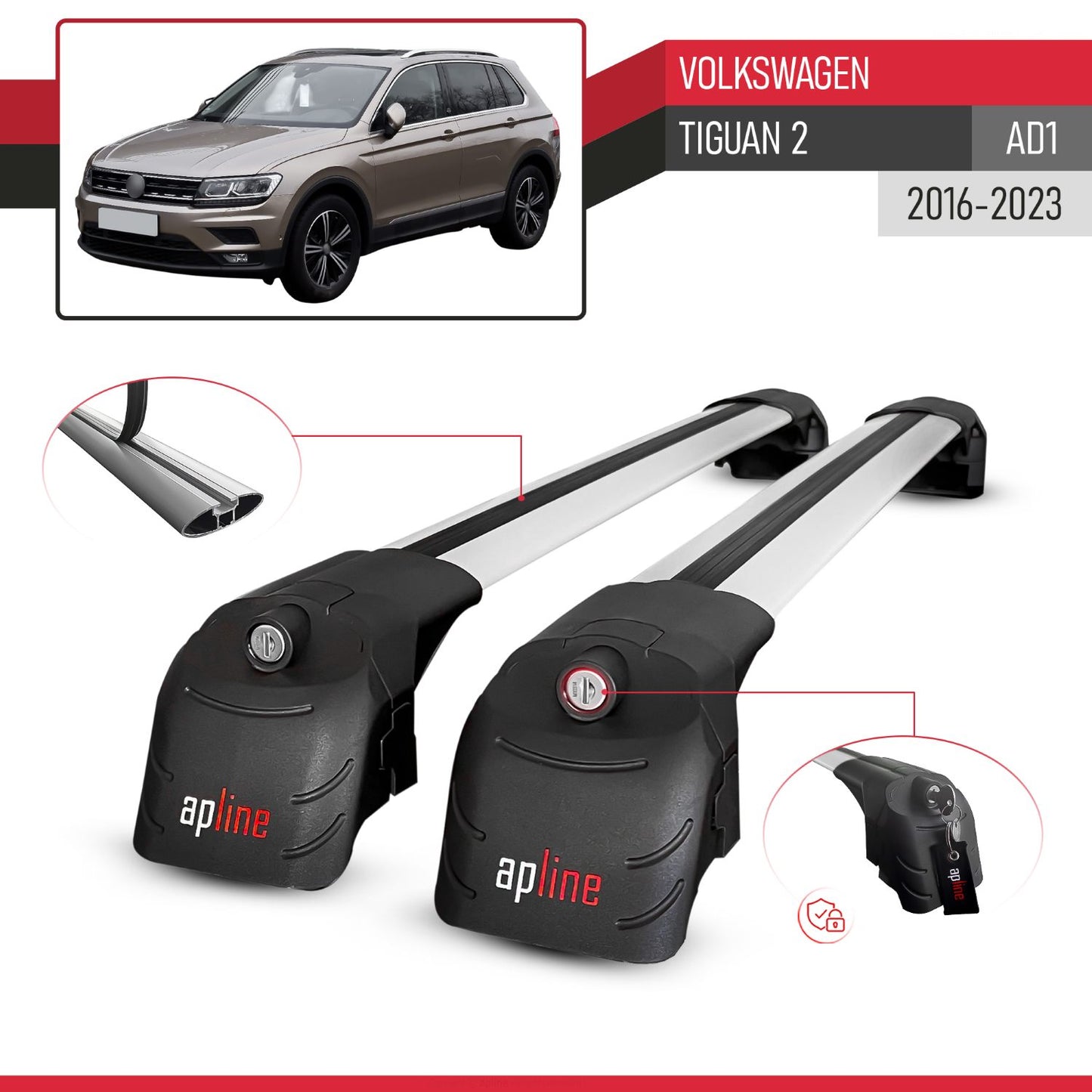 Compatible with Volkswagen Tiguan 2 (AD1) 2016-2023 ACE-2 Car Roof Rack Cross Bar Grey Aluminium 2 Bars