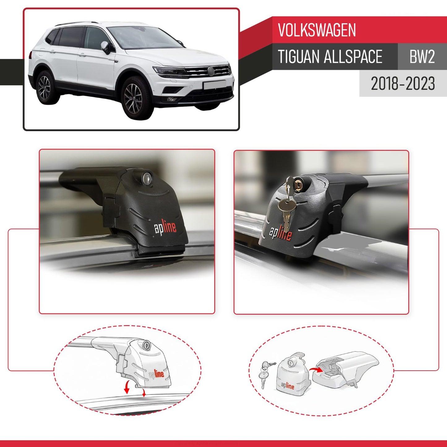 Compatible with Volkswagen Tiguan Allspace (BW) 2018-2023 ACE-2 Car Roof Rack Cross Bar Grey Aluminium 2 Bars