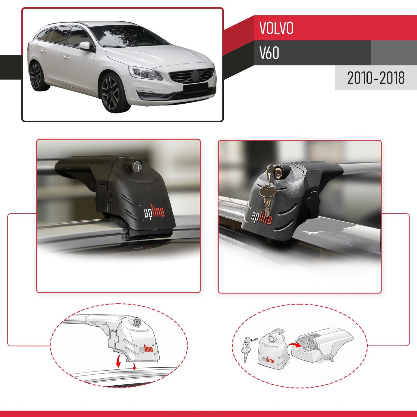 Compatible with Volvo V60 2011-2018 ACE-2 Car Roof Rack Cross Bar Grey Aluminium 2 Bars