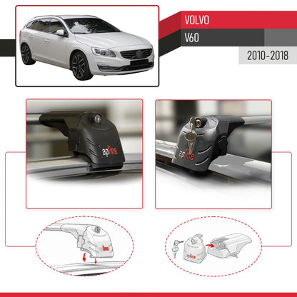 Compatible with Volvo V60 2011-2018 ACE-2 Car Roof Rack Cross Bar Grey Aluminium 2 Bars