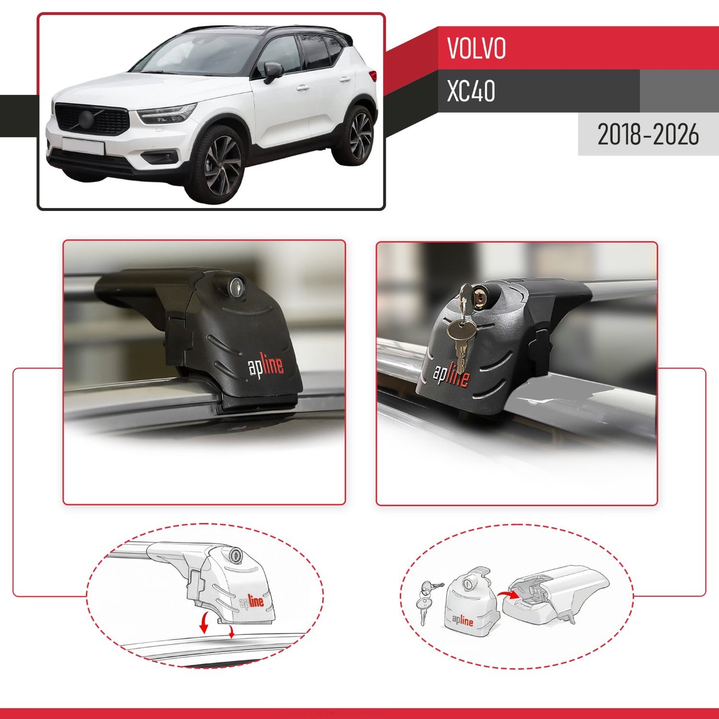 Compatible with Volvo XC40 2018-2025 ACE-2 Car Roof Rack Cross Bar Grey Aluminium 2 Bars