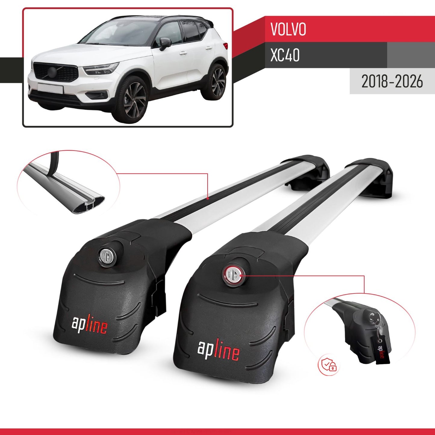 Compatible with Volvo XC40 2018-2025 ACE-2 Car Roof Rack Cross Bar Grey Aluminium 2 Bars