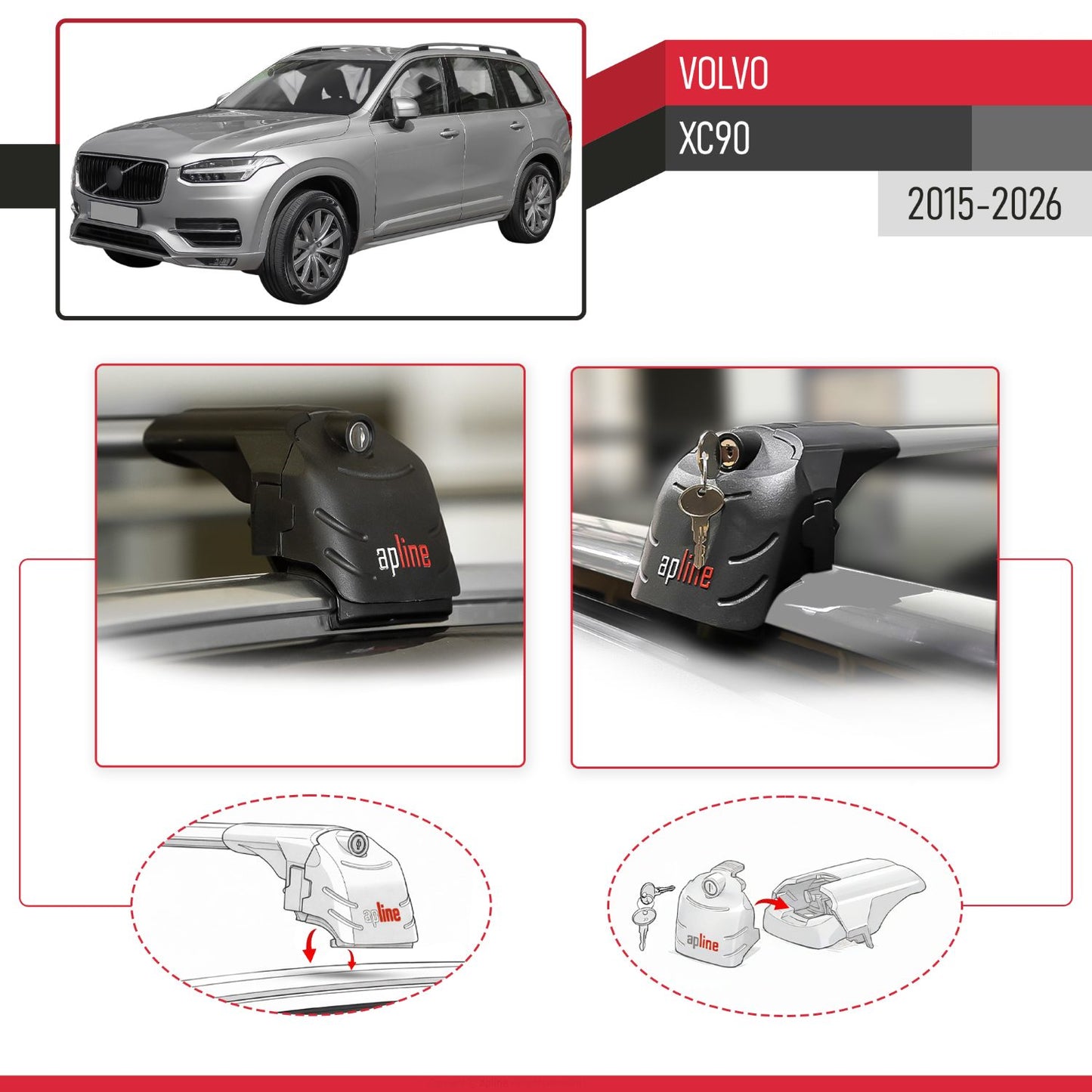 Compatible avec Volvo XC90 II 2015-2026 ACE-2 modèle Barres de Toit Railing Porte-Bagages de Voiture Gris Aluminium Barres