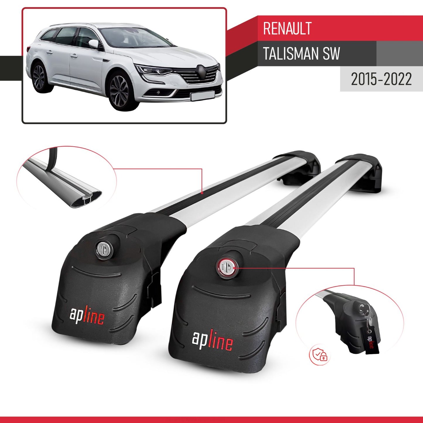 Compatible with Renault Talisman SW 2015-2022 ACE-2 Car Roof Rack Cross Bar Grey Aluminium 2 Bars