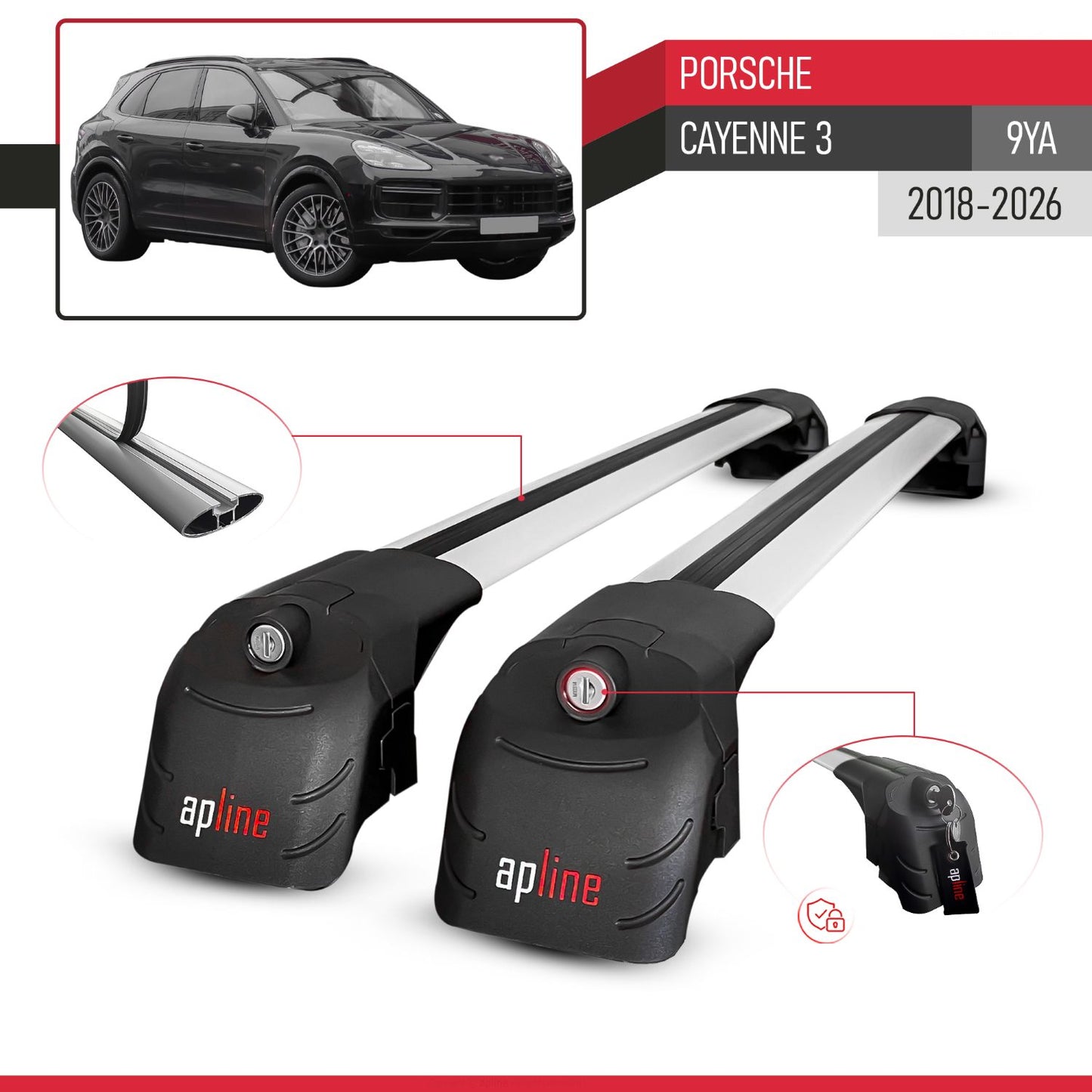 Compatible with Porsche Cayenne 3 (9YA) 2018-2025 ACE-2 Car Roof Rack Cross Bar Grey Aluminium 2 Bars