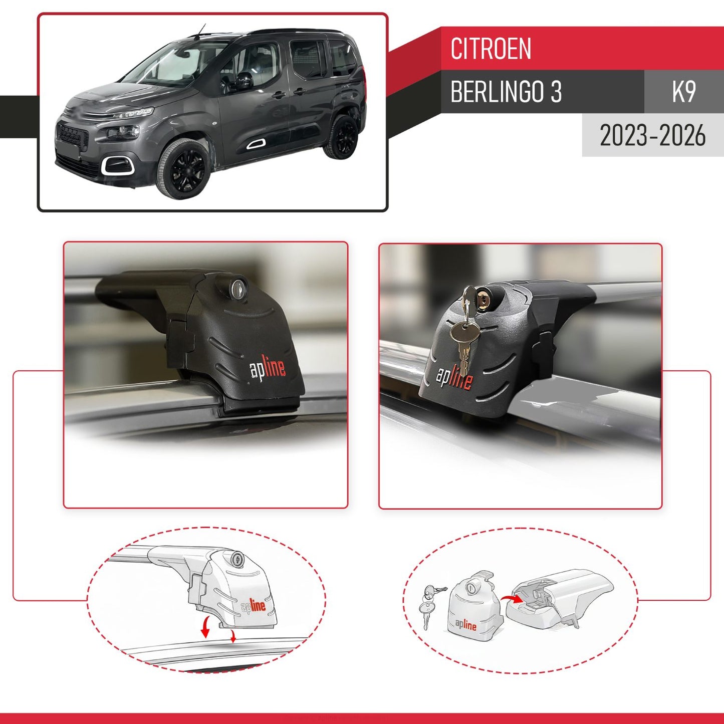 Compatible avec Citroen Berlingo 3 (K9) 2023-2026 ACE-2 modèle Barres de Toit Railing Porte-Bagages de Voiture Gris Aluminium Barres
