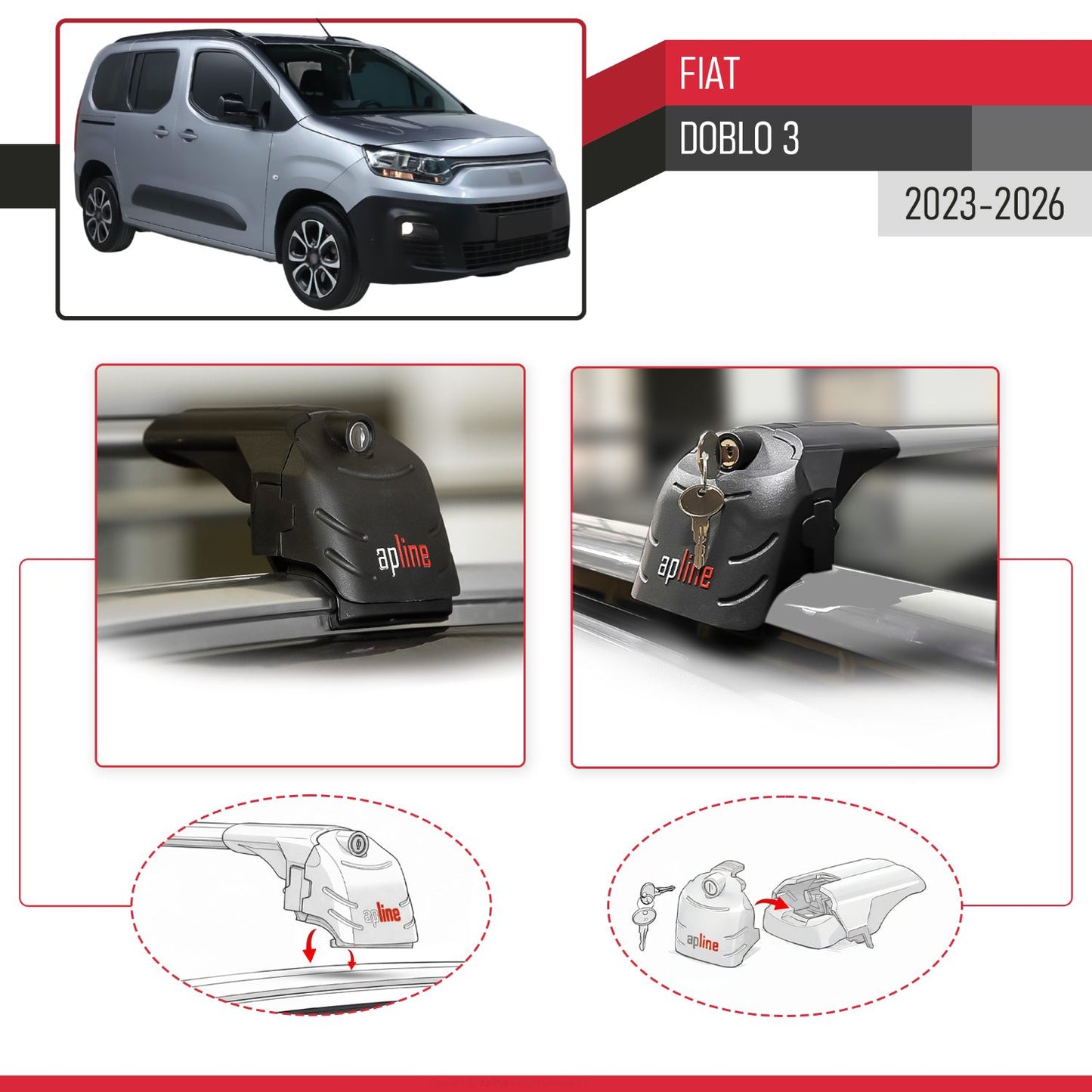 Compatible with Fiat Doblo 3 2023-2025 ACE-2 Car Roof Rack Cross Bar Grey Aluminium 2 Bars