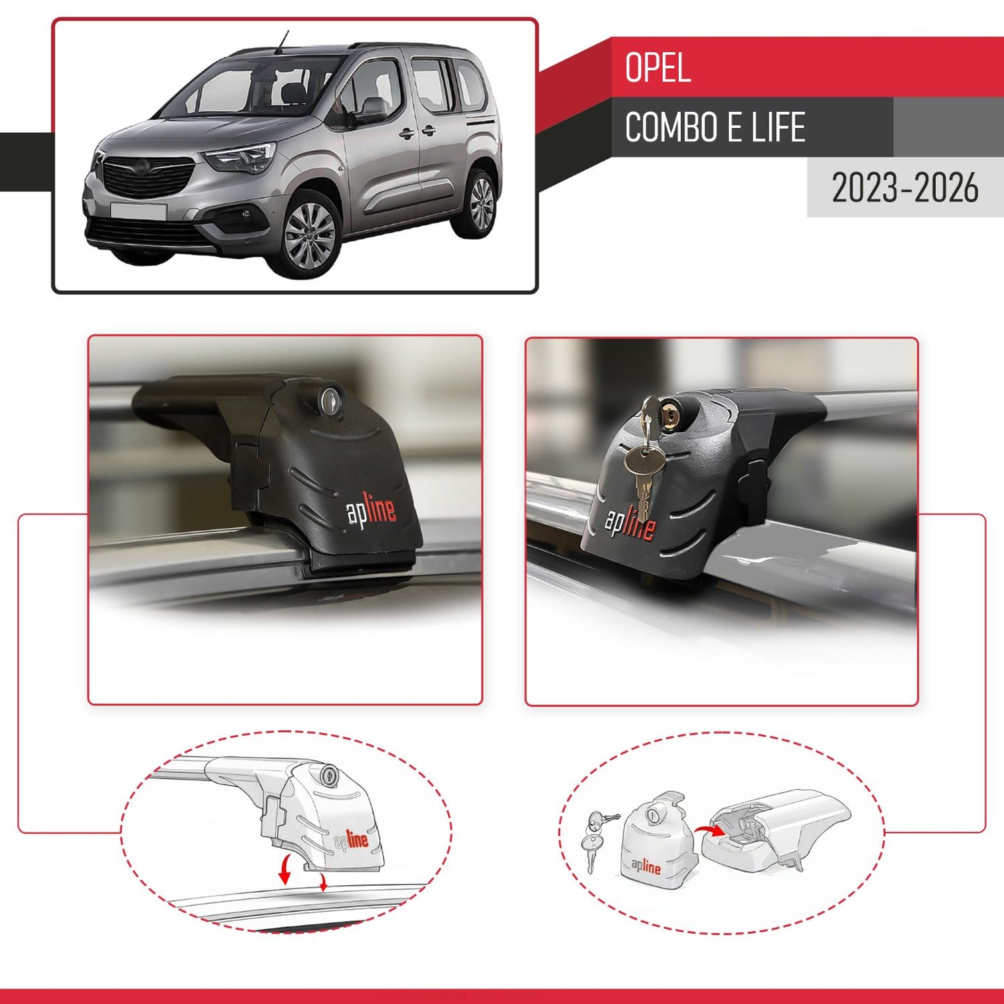 Compatible avec Opel Combo E Life 2023-2026 ACE-2 modèle Barres de Toit Railing Porte-Bagages de Voiture Gris Aluminium Barres