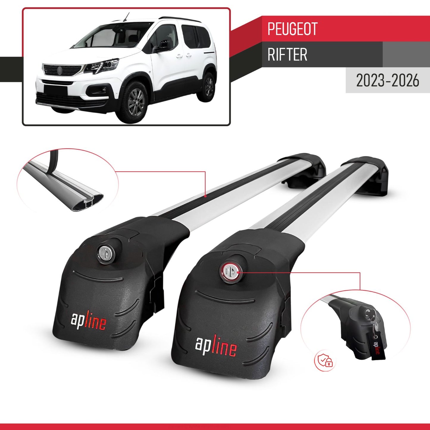 Compatible with Peugeot Rifter 2023-2024 ACE-2 Car Roof Rack Cross Bar Grey Aluminium 2 Bars