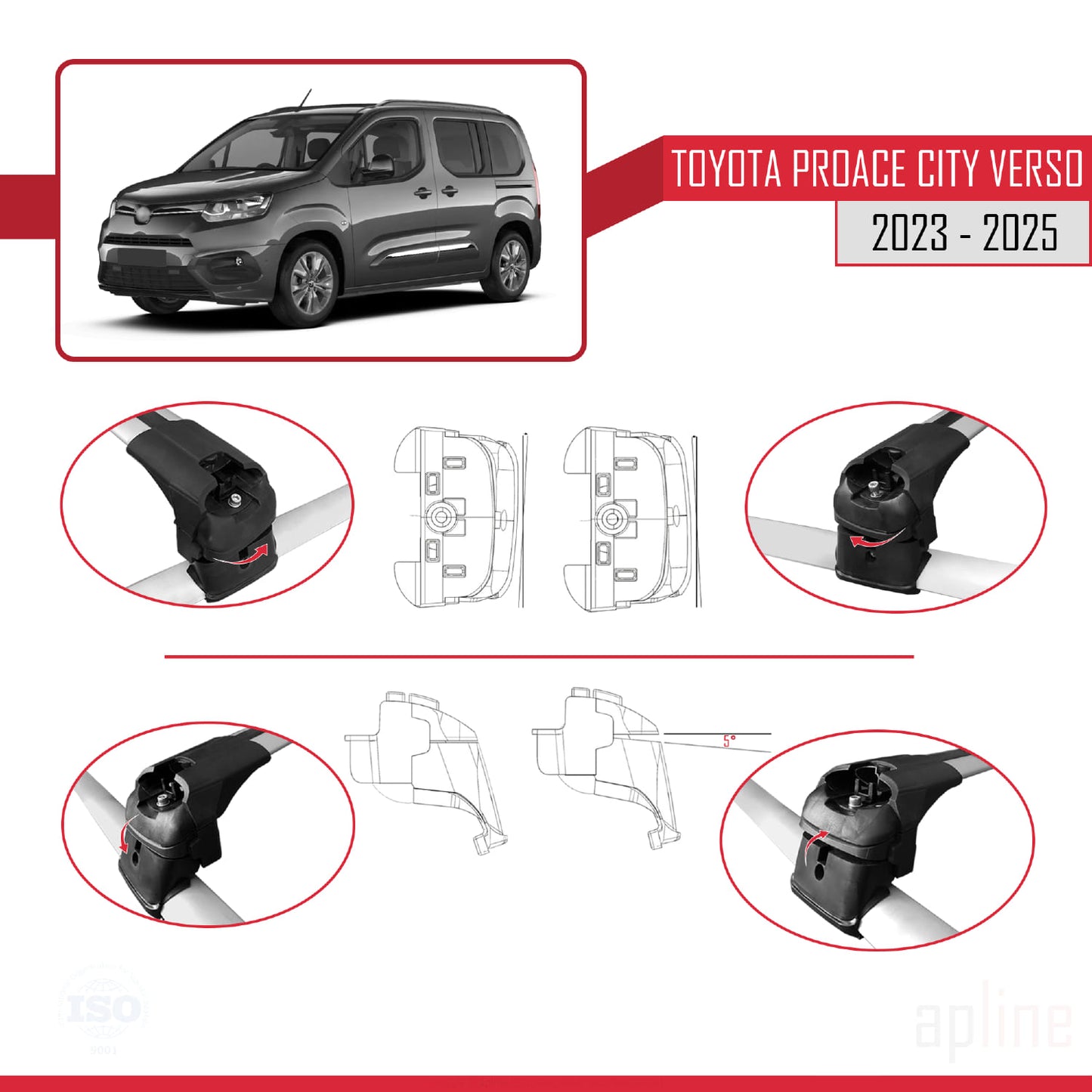 Compatible avec Toyota Proace City Verso 2023-2025 ACE-2 Barres de Toit Railing Porte-Bagages de Voiture Gris Aluminium 2 Barres