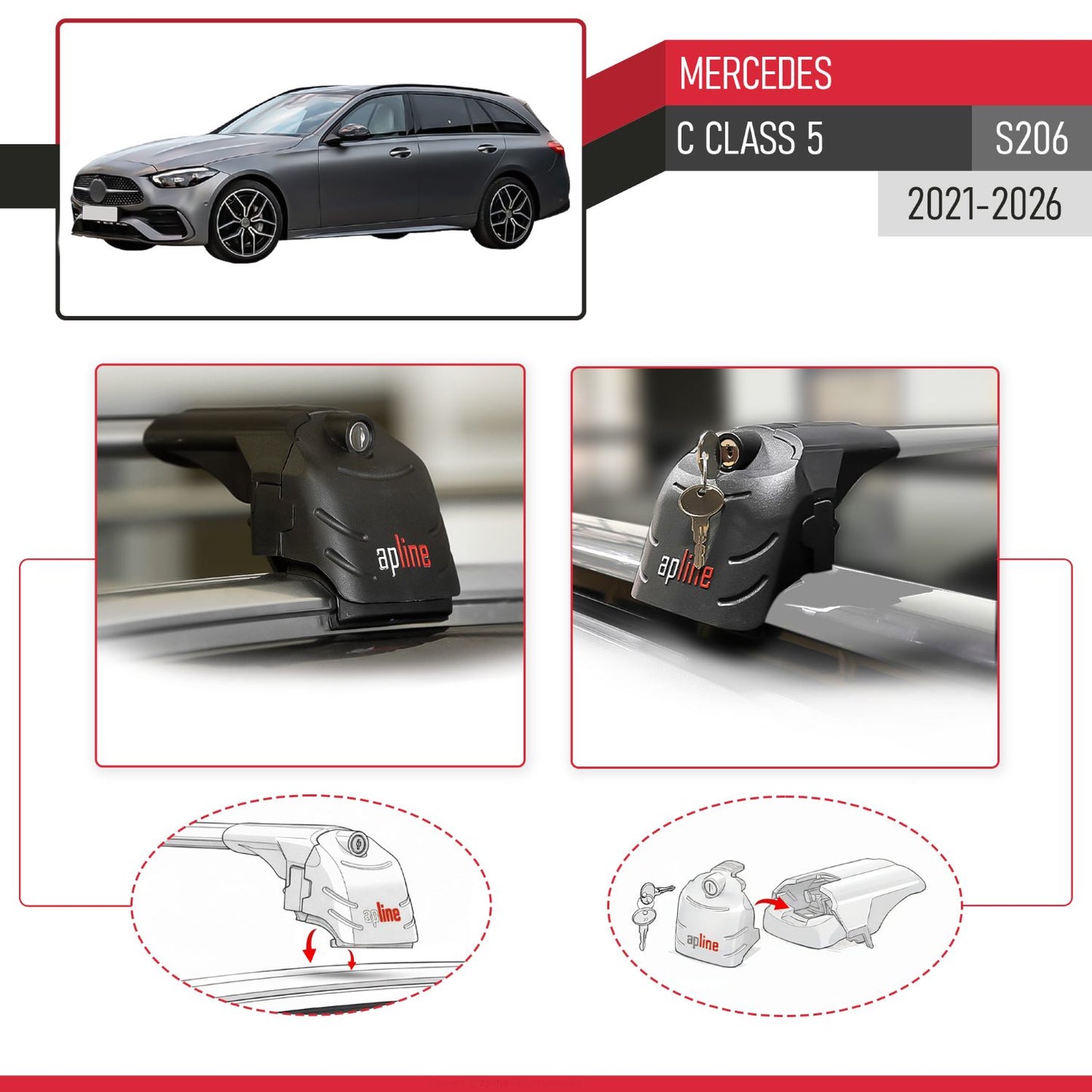 Compatible with Mercedes C Class 5 (S206) 2022-2025 ACE-2 Car Roof Rack Cross Bar Grey Aluminium 2 Bars