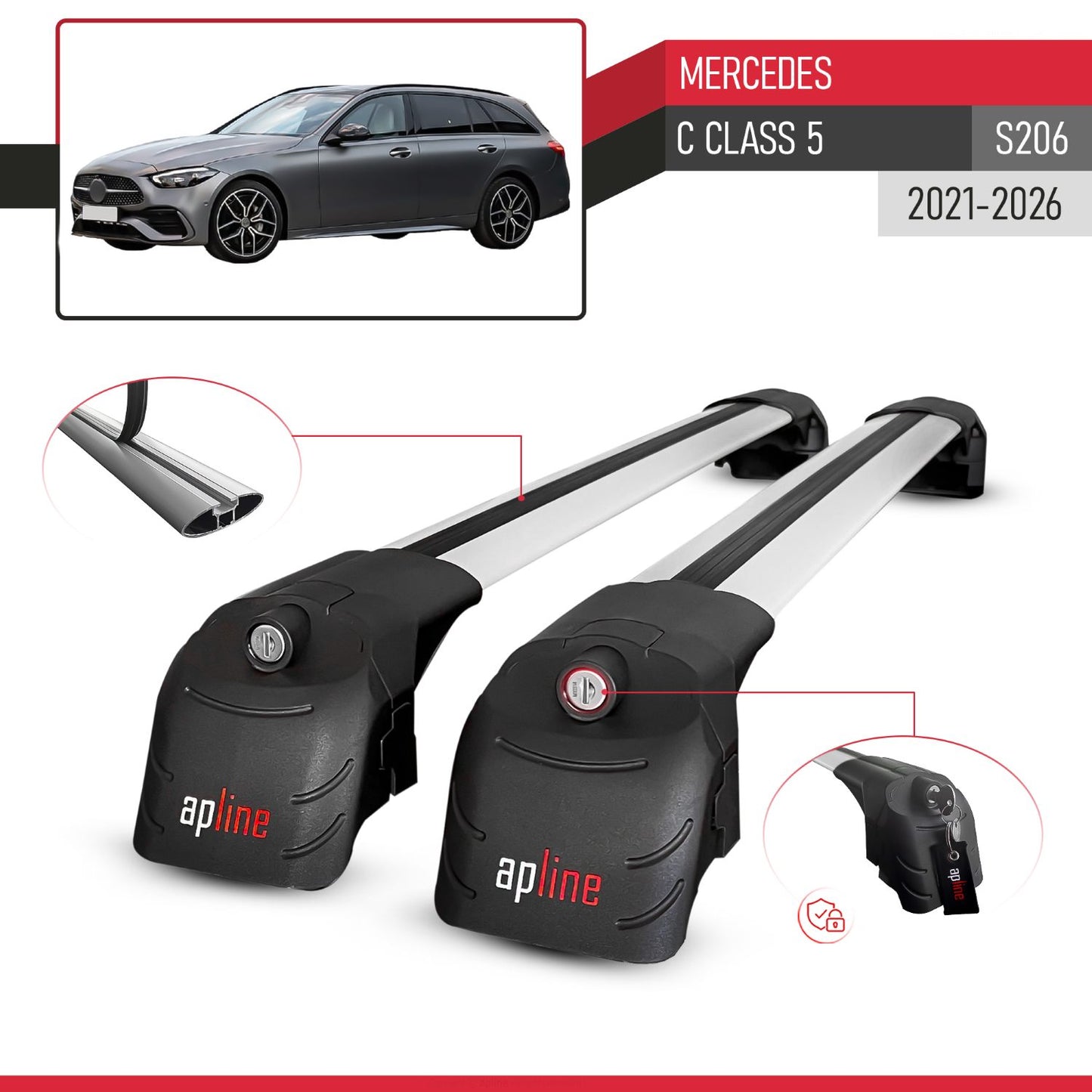 Compatible with Mercedes C Class 5 (S206) 2022-2025 ACE-2 Car Roof Rack Cross Bar Grey Aluminium 2 Bars