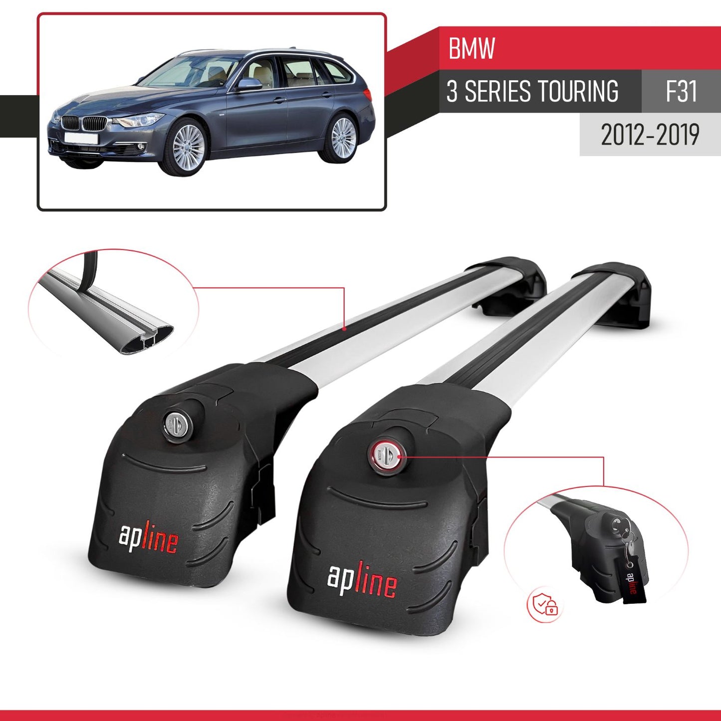 Compatible avec BMW 3 Serisi (F31) Touring 2012-2019 ACE-2 modèle Barres de Toit Railing Porte-Bagages de Voiture Gris Aluminium Barres