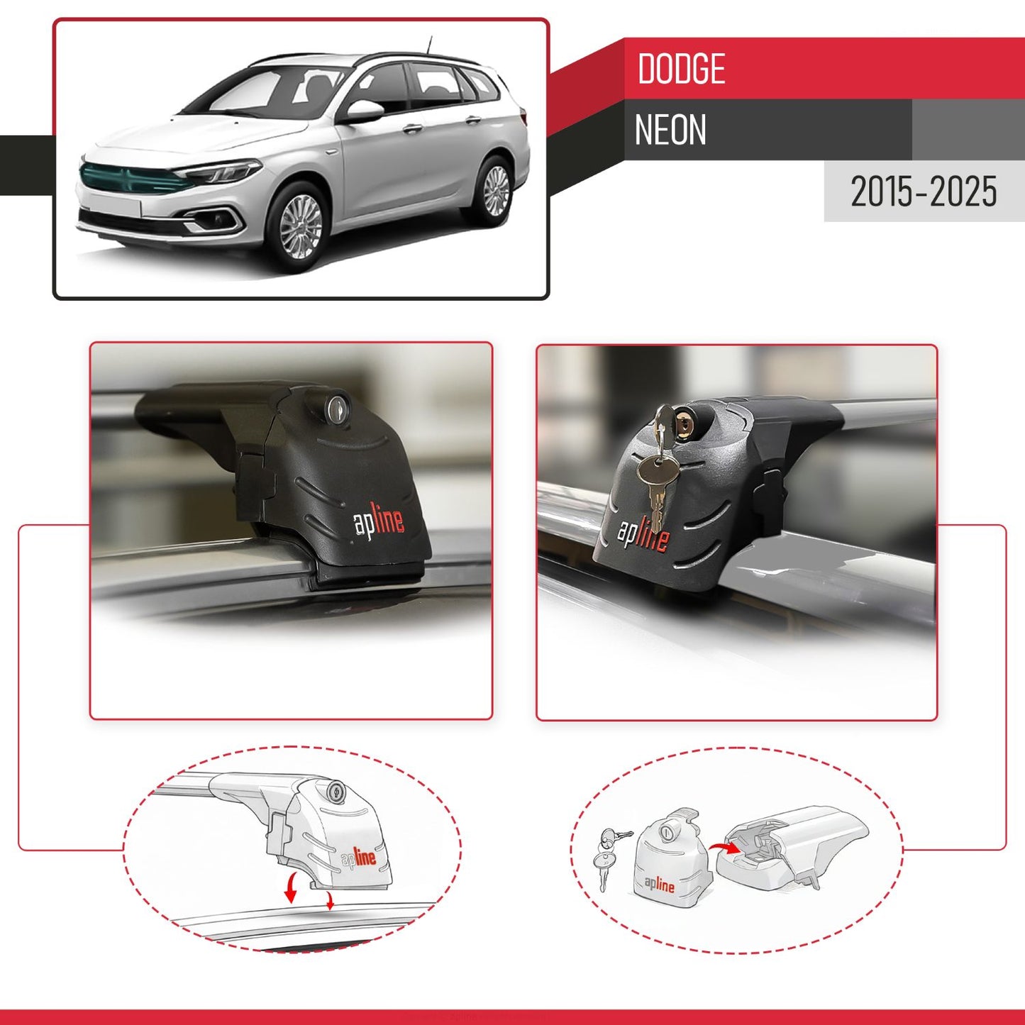 Compatible with Dodge Neon 2015-2025 ACE-2 Car Roof Rack Cross Bar Grey Aluminium 2 Bars