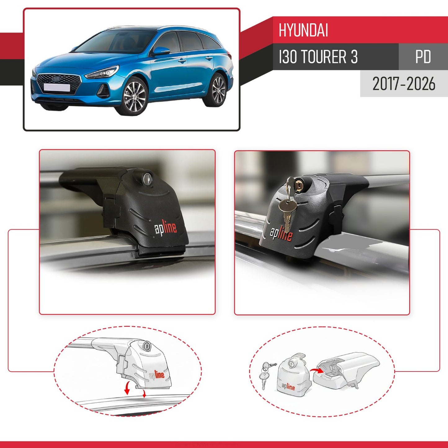 Compatible avec Hyundai i30 Tourer 3 (PD) 2017-2026 ACE-2 modèle Barres de Toit Railing Porte-Bagages de Voiture Gris Aluminium Barres