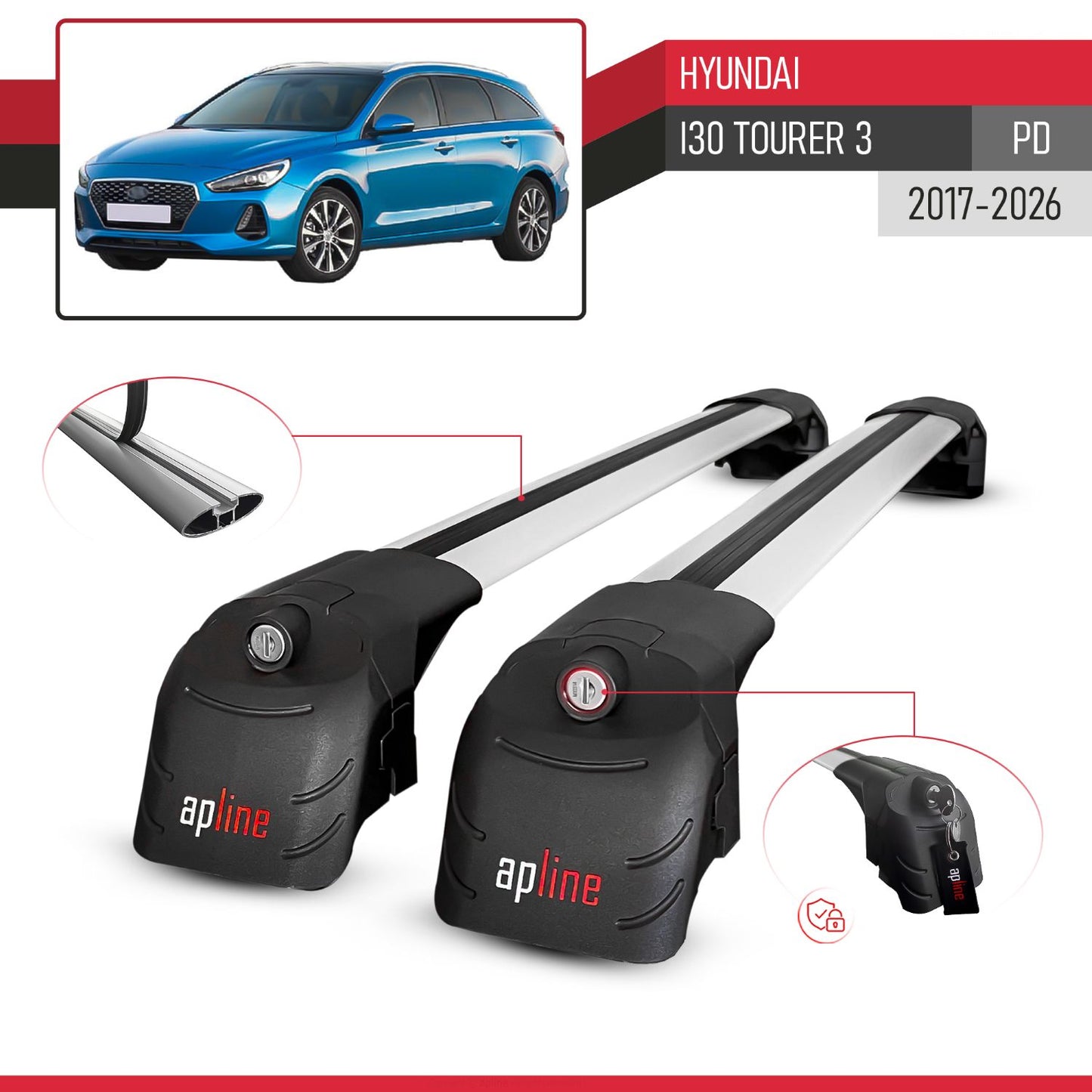 Compatible avec Hyundai i30 Tourer 3 (PD) 2017-2026 ACE-2 modèle Barres de Toit Railing Porte-Bagages de Voiture Gris Aluminium Barres