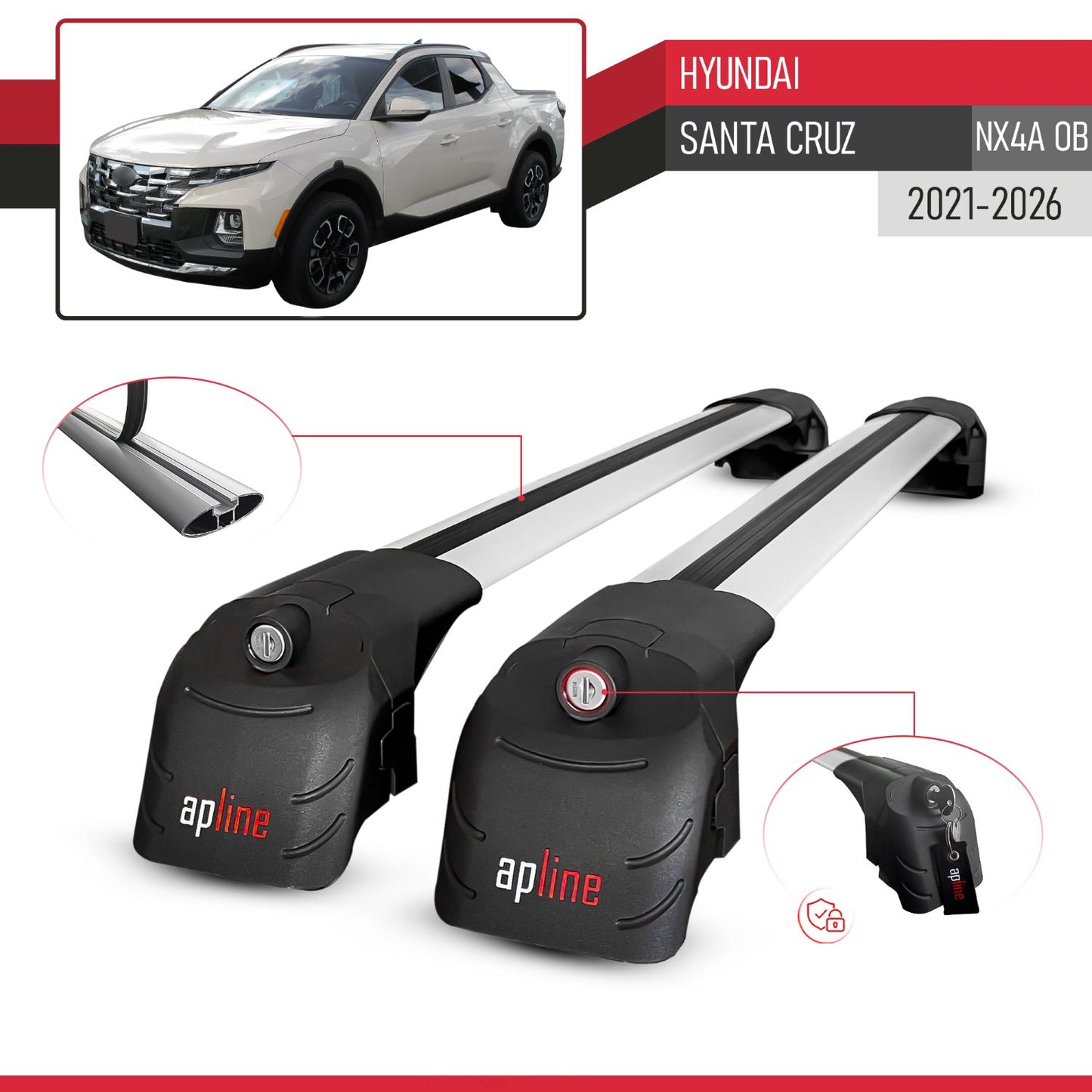 Compatible with Hyundai Santa Cruz (NX4A OB) 2022-2025 ACE-2 Car Roof Rack Cross Bar Grey Aluminium 2 Bars
