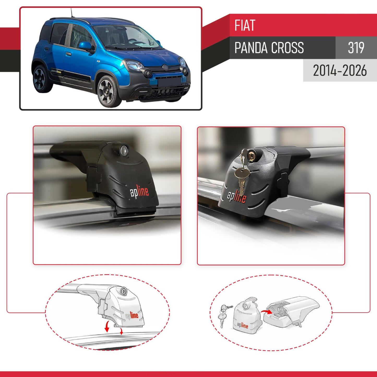 Compatible with Fiat Panda Cross 2014-2025 ACE-2 Car Roof Rack Cross Bar Grey Aluminium 2 Bars