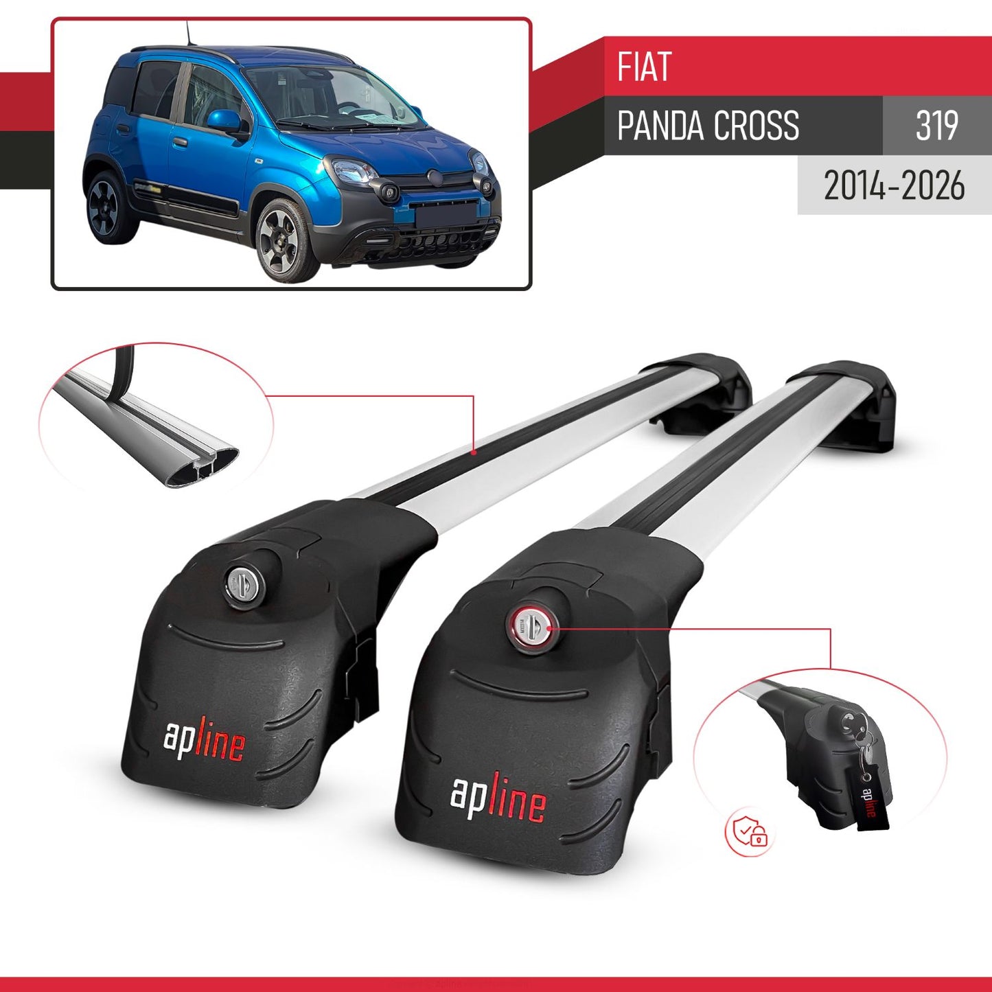 Compatible with Fiat Panda Cross 2014-2025 ACE-2 Car Roof Rack Cross Bar Grey Aluminium 2 Bars