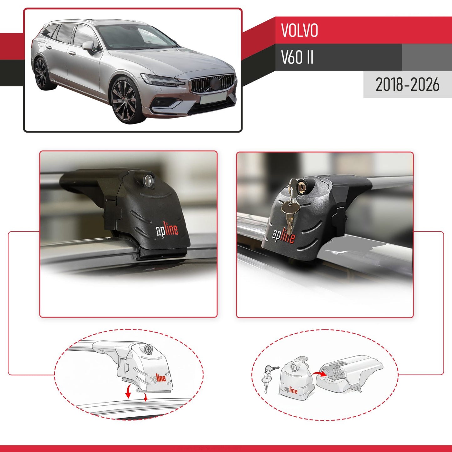 Compatible with Volvo V60 II 2019-2025 ACE-2 Car Roof Rack Cross Bar Grey Aluminium 2 Bars