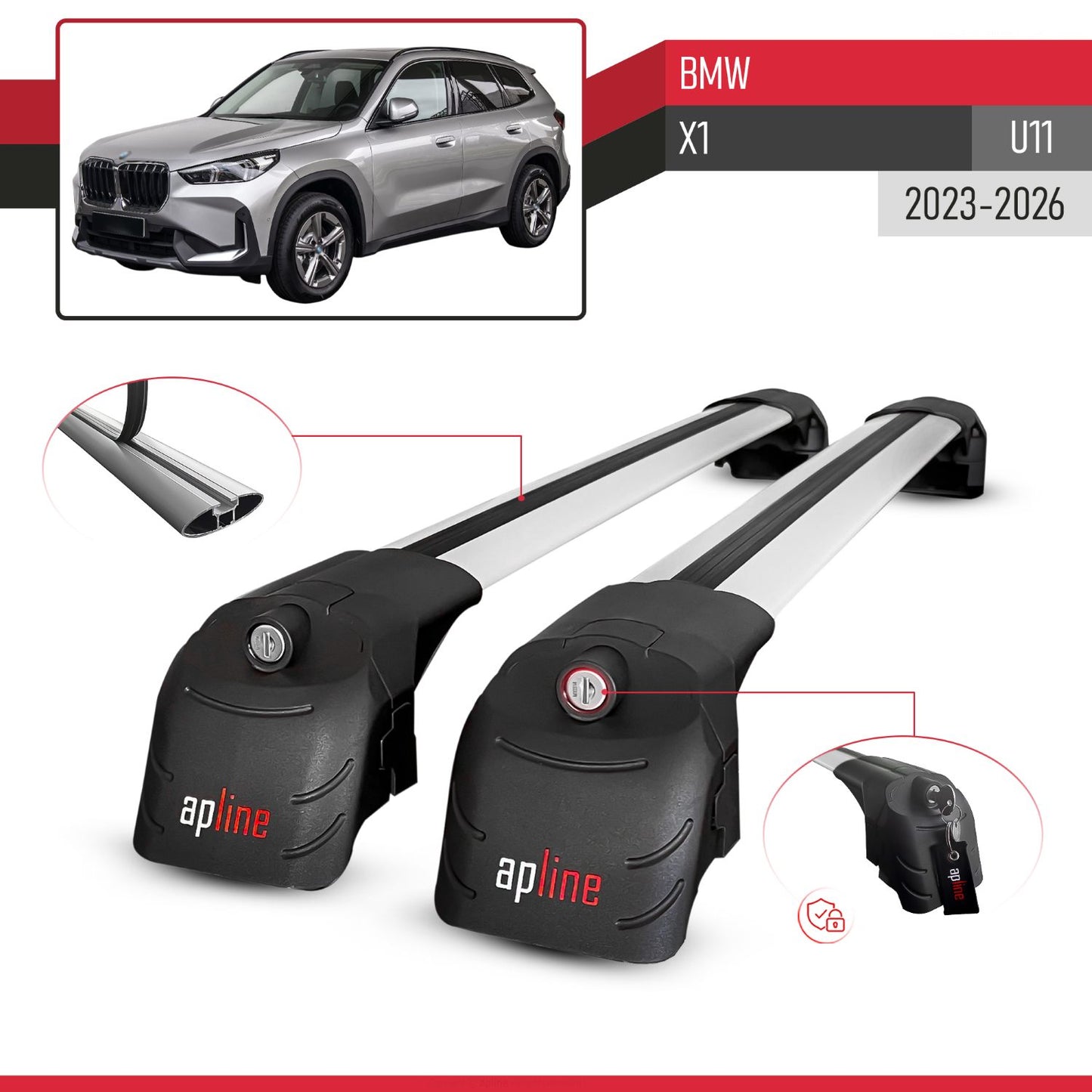 Compatible avec BMW X1 (U11) 2023-2026 ACE-2 modèle Barres de Toit Railing Porte-Bagages de Voiture Gris Aluminium Barres