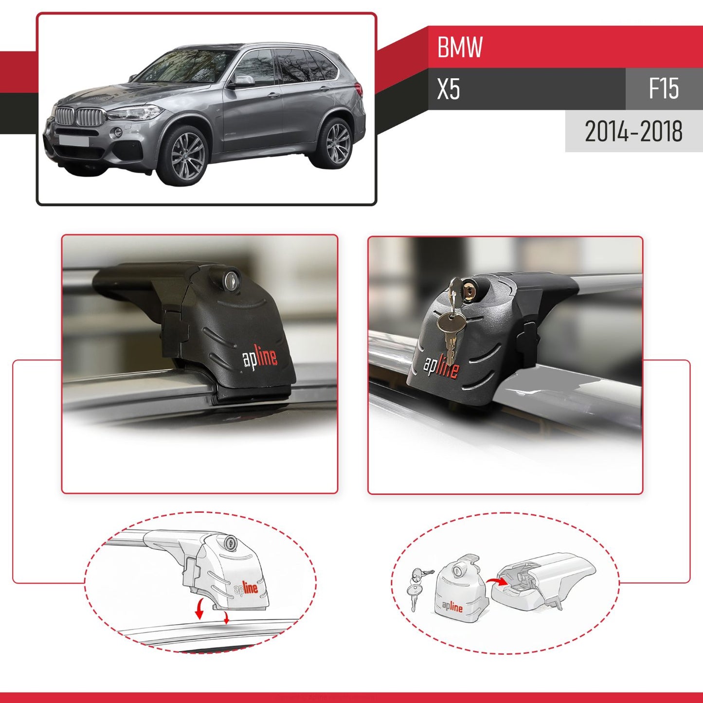 Compatible with BMW X5 (F15) 2014-2018 ACE-2 Car Roof Rack Cross Bar Grey Aluminium 2 Bars