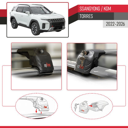 Compatible avec SsangYong / KGM Torres 2022-2026 ACE-2 modèle Barres de Toit Railing Porte-Bagages de Voiture Gris Aluminium Barres