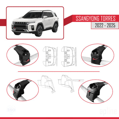 Compatible with SsangYong Torres 2022-2025 ACE-2 Car Roof Rack Cross Bar Grey Aluminium 2 Bars