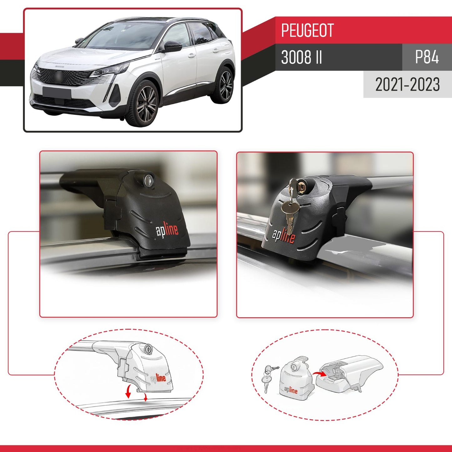 Compatible with Peugeot 3008 II (P84) Post-Facelift 2021-2023 ACE-2 Car Roof Rack Cross Bar Grey Aluminium 2 Bars
