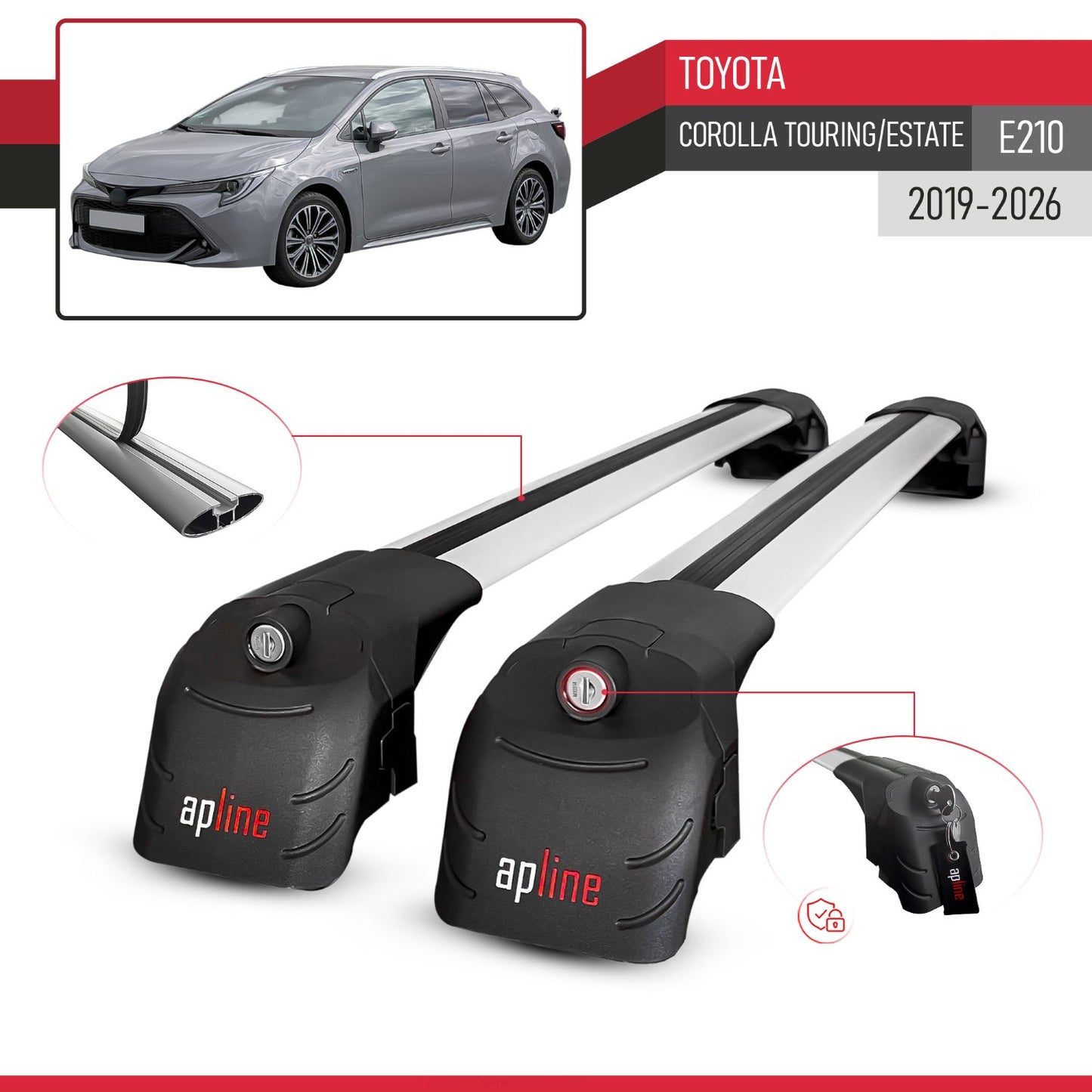 Compatible avec Toyota Corolla Touring/Estate (E210) 2019-2026 ACE-2 modèle Barres de Toit Railing Porte-Bagages de Voiture Gris Aluminium Barres