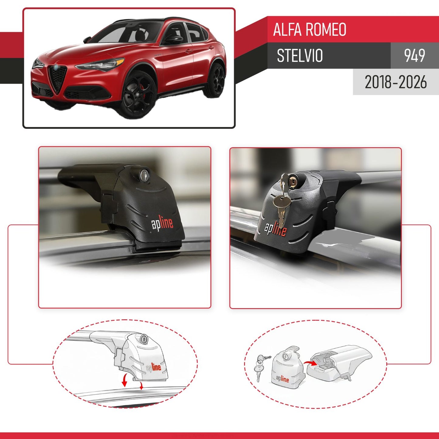 Compatible with Alfa Romeo Stelvio 2018-2024 ACE-2 Car Roof Rack Cross Bar Grey Aluminium 2 Bars