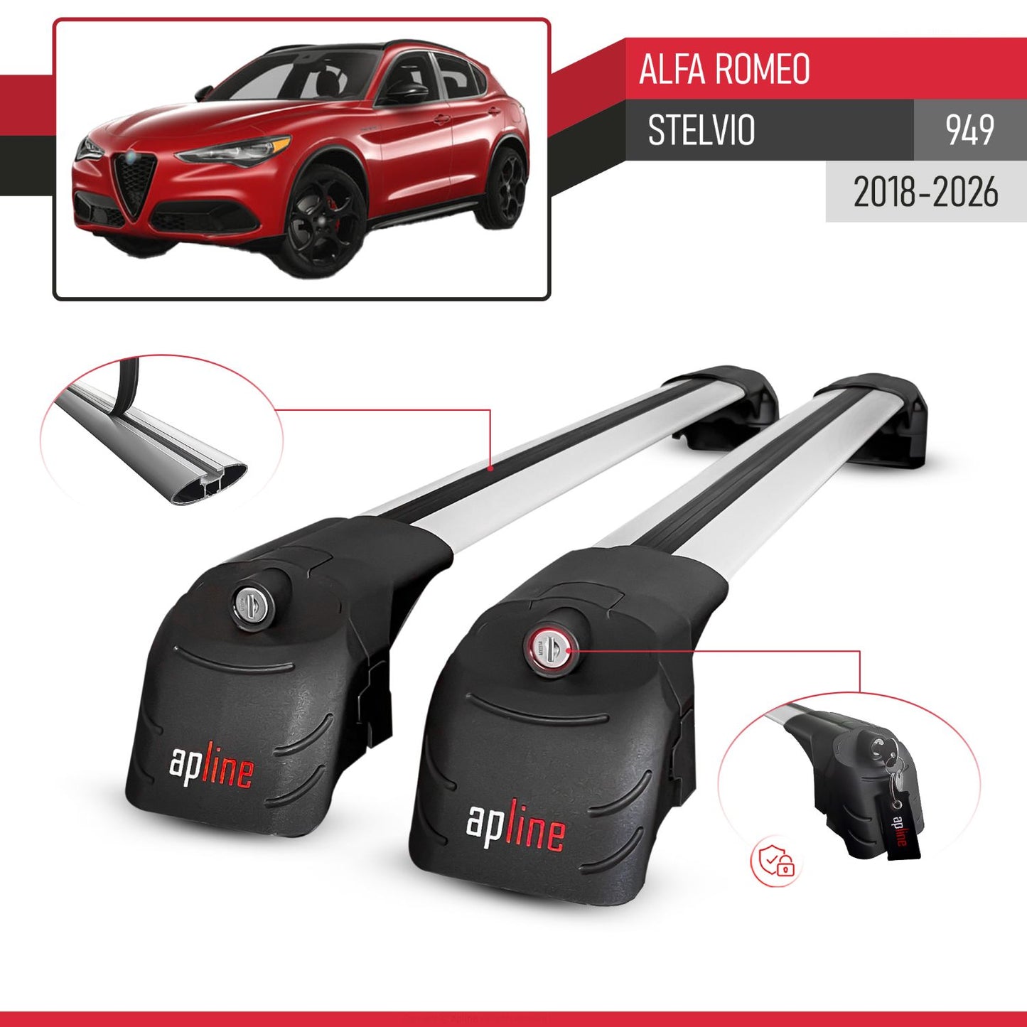 Compatible with Alfa Romeo Stelvio 2018-2024 ACE-2 Car Roof Rack Cross Bar Grey Aluminium 2 Bars