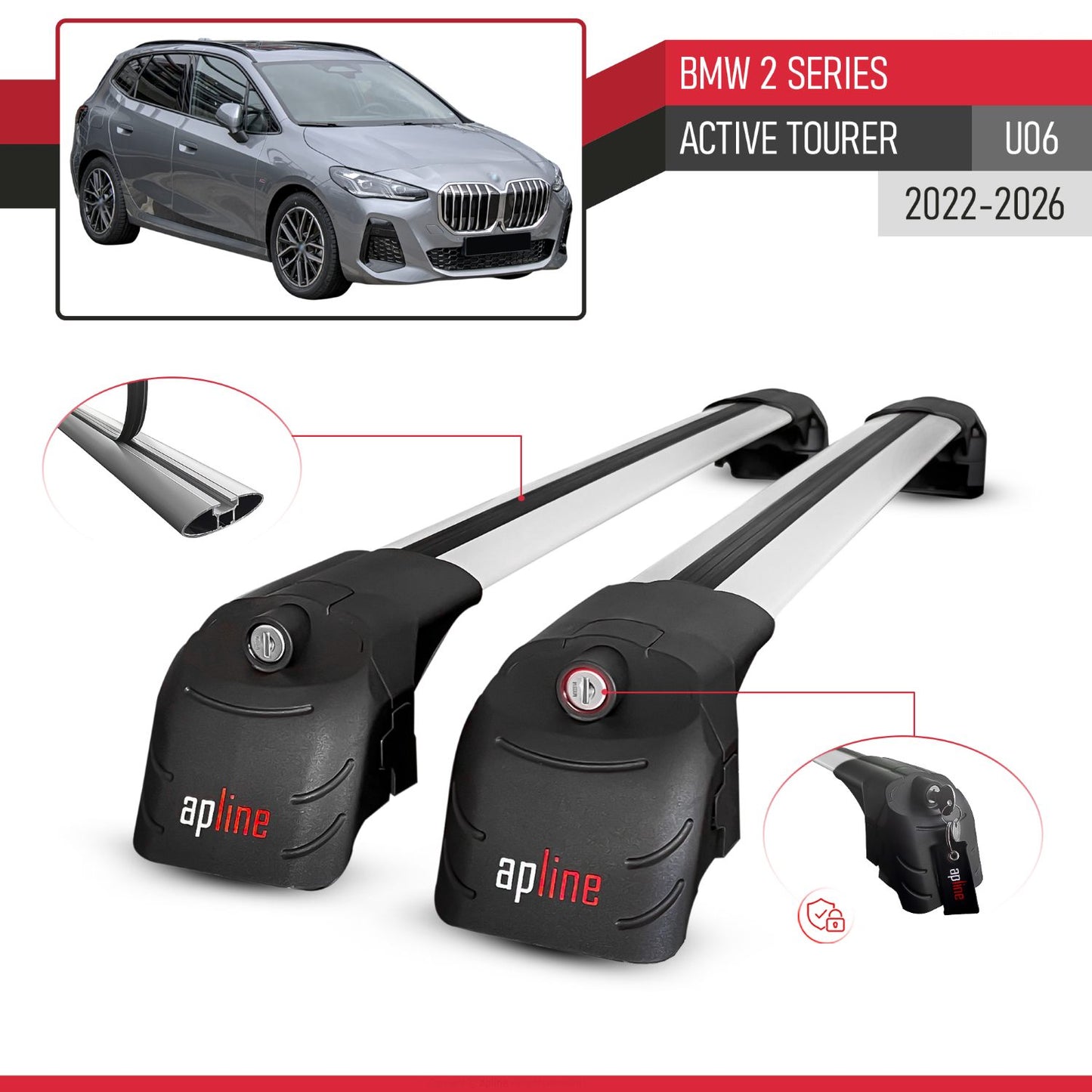 Compatible with BMW 2 Series Active Tourer 2022-2024 ACE-2 Car Roof Rack Cross Bar Grey Aluminium 2 Bars