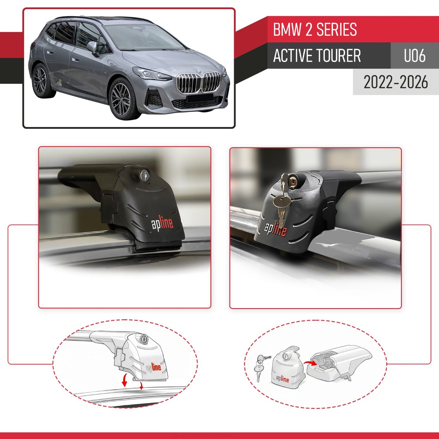Compatible with BMW 2 Series Active Tourer 2022-2024 ACE-2 Car Roof Rack Cross Bar Grey Aluminium 2 Bars