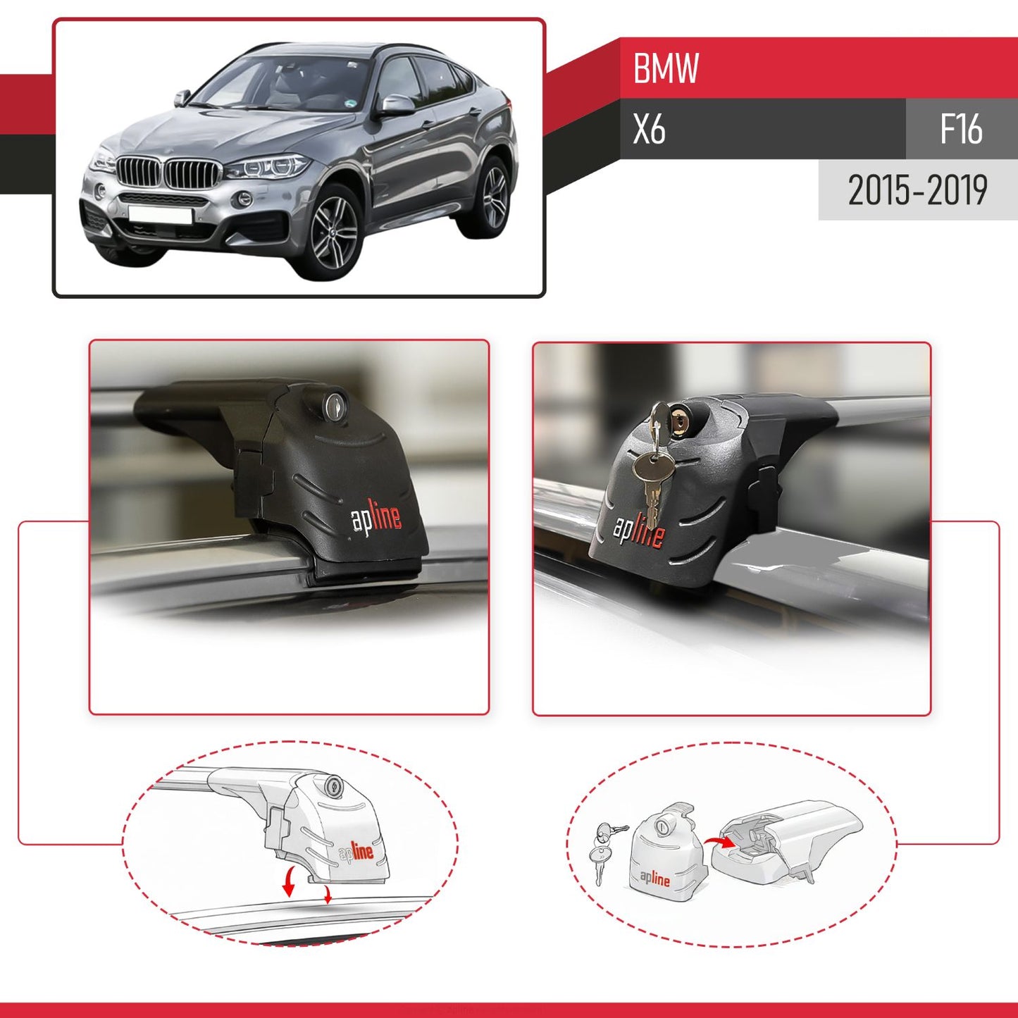 Compatible avec BMW X6 (F16) 2015-2019 ACE-2 modèle Barres de Toit Railing Porte-Bagages de Voiture Gris Aluminium Barres