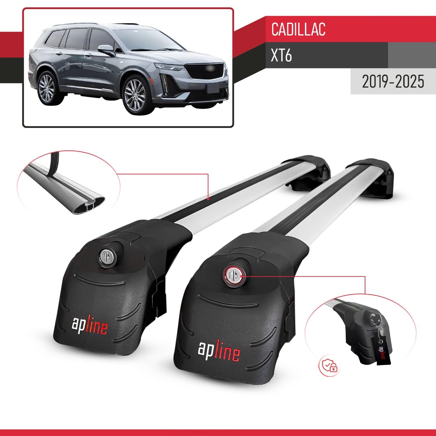 Compatible with Cadillac XT6 2020-2024 ACE-2 Car Roof Rack Cross Bar Grey Aluminium 2 Bars