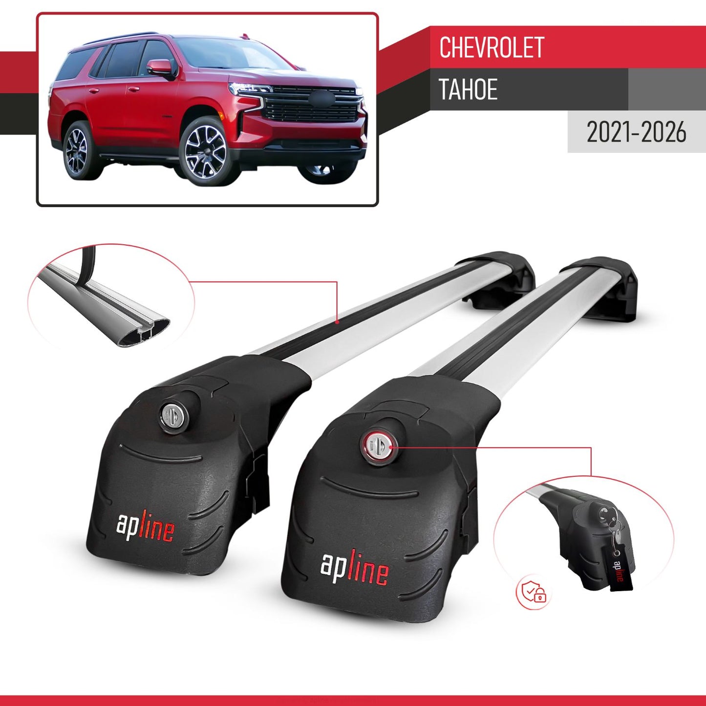 Compatible with Chevrolet Tahoe 2021-2024 ACE-2 Car Roof Rack Cross Bar Grey Aluminium 2 Bars