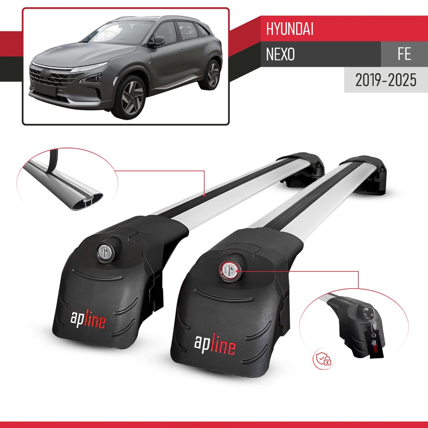 Compatible avec Hyundai Nexo (FE) 2019-2025 ACE-2 modèle Barres de Toit Railing Porte-Bagages de Voiture Gris Aluminium Barres
