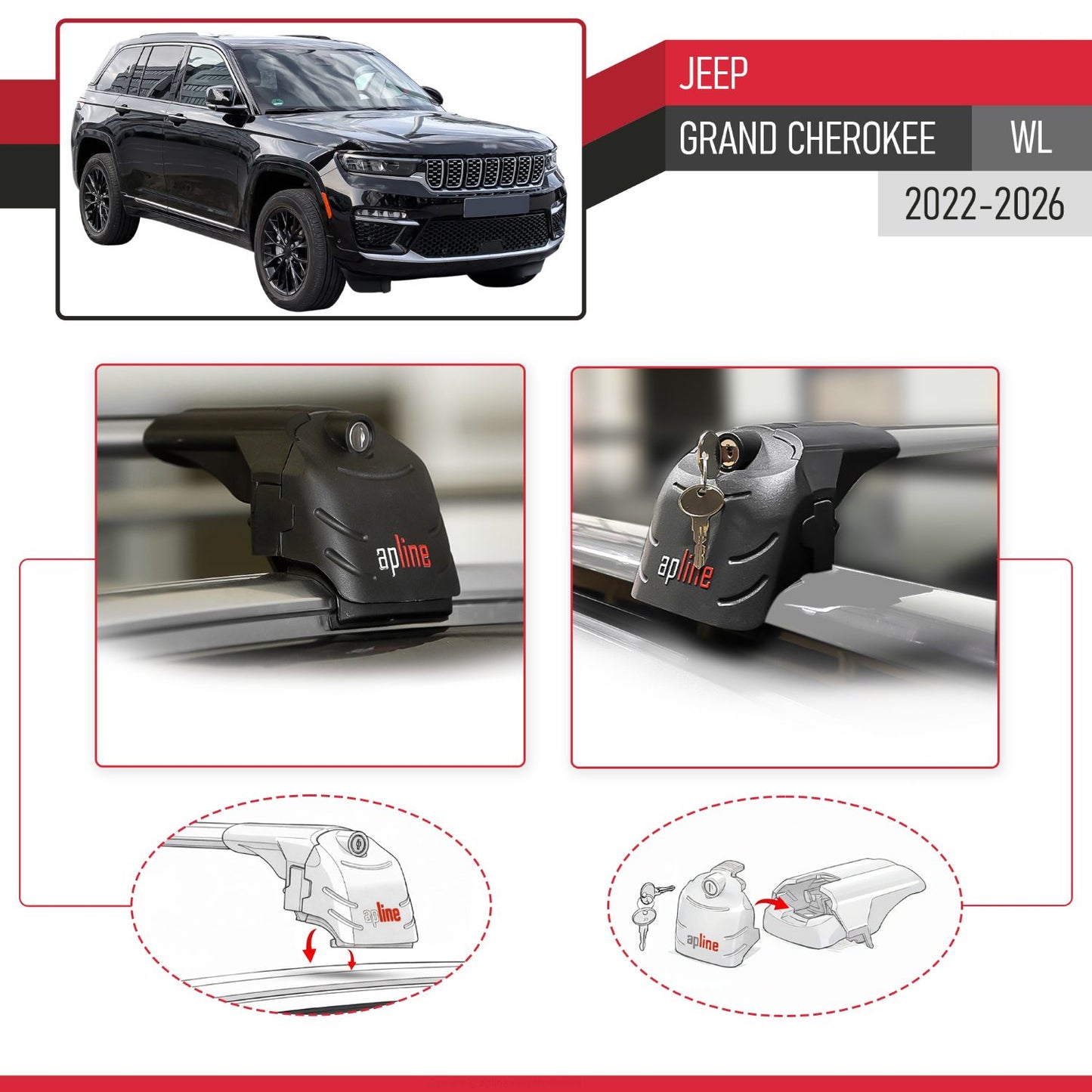 Compatible avec Jeep Grand Cherokee (WL) 2022-2026 ACE-2 modèle Barres de Toit Railing Porte-Bagages de Voiture Gris Aluminium Barres
