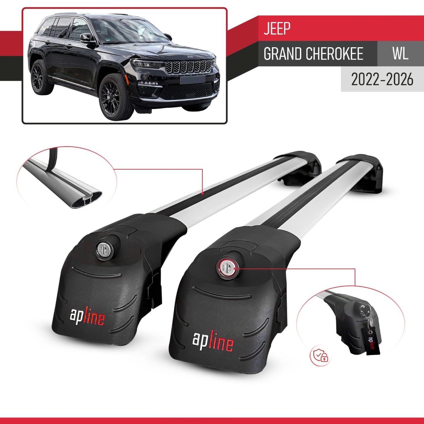 Compatible avec Jeep Grand Cherokee (WL) 2022-2026 ACE-2 modèle Barres de Toit Railing Porte-Bagages de Voiture Gris Aluminium Barres