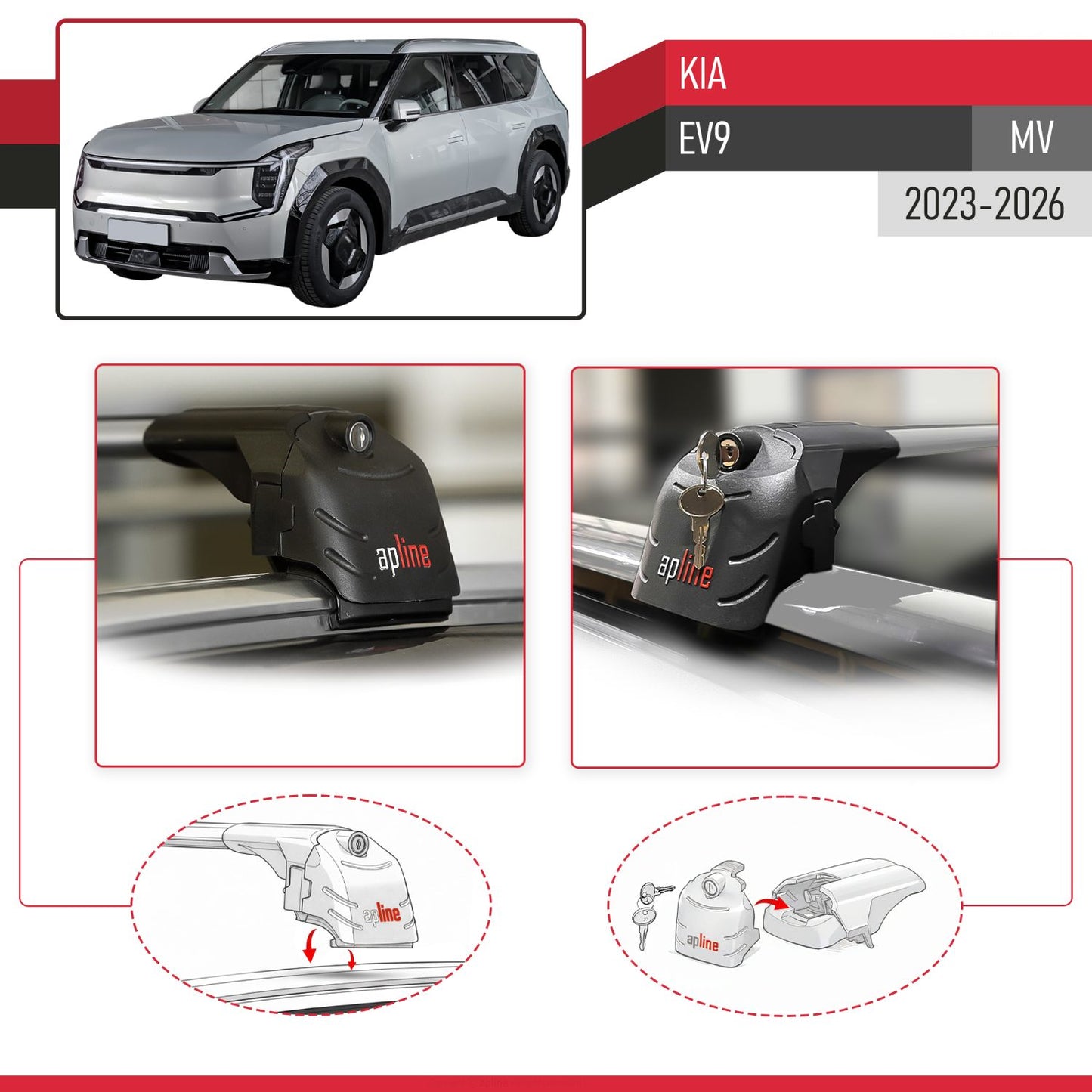 Compatible avec Kia EV9 (MV) 2023-2026 ACE-2 modèle Barres de Toit Railing Porte-Bagages de Voiture Gris Aluminium Barres