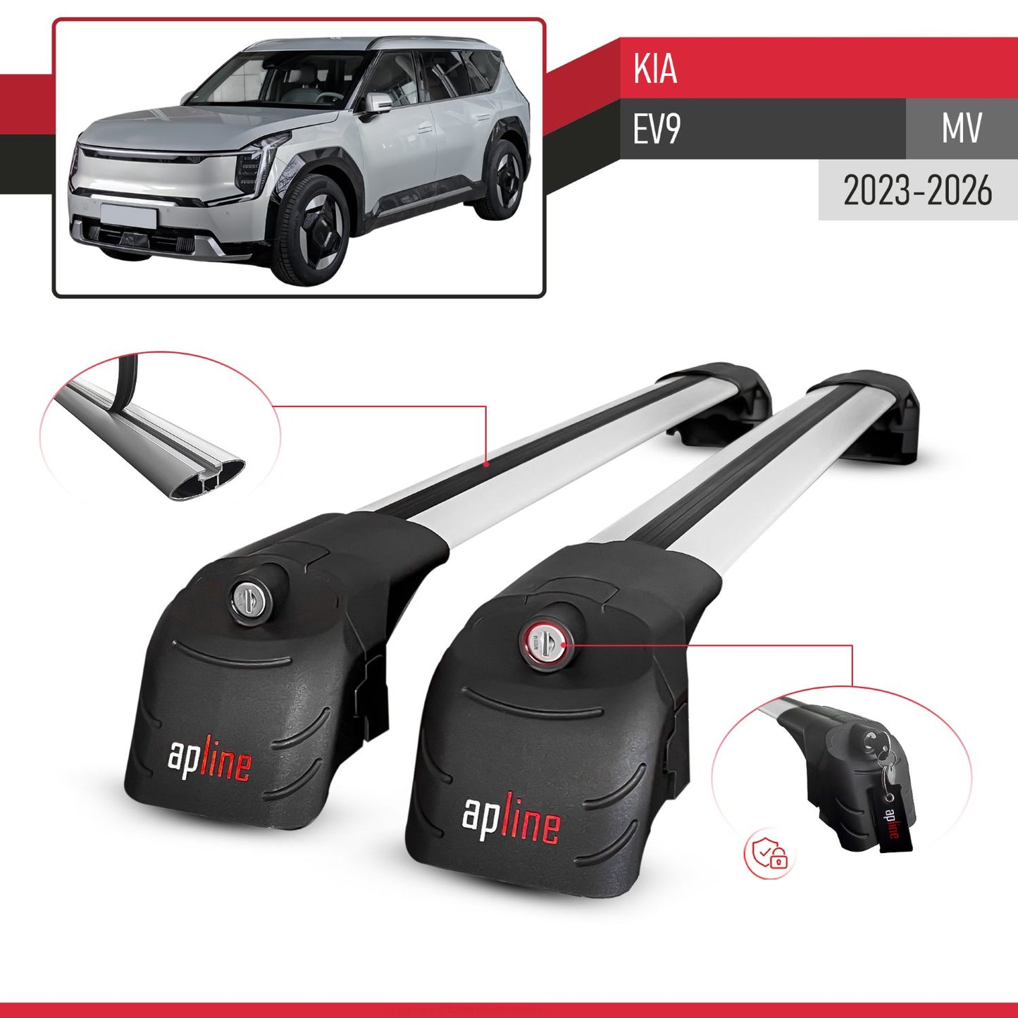 Compatible avec Kia EV9 (MV) 2023-2026 ACE-2 modèle Barres de Toit Railing Porte-Bagages de Voiture Gris Aluminium Barres