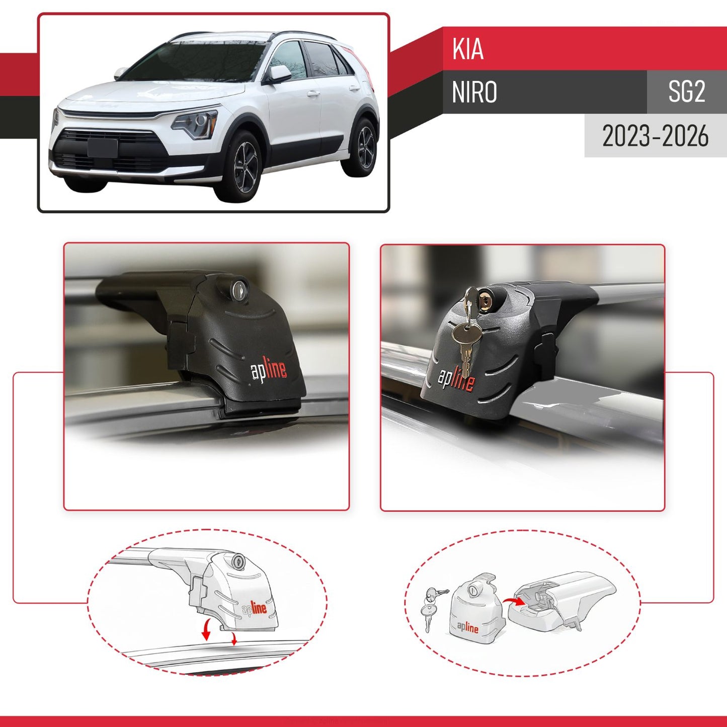 Compatible with Kia Niro 2023-2024 ACE-2 Car Roof Rack Cross Bar Grey Aluminium 2 Bars