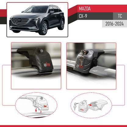 Compatible avec Mazda CX-9 (TC) 2016-2024 ACE-2 modèle Barres de Toit Railing Porte-Bagages de Voiture Gris Aluminium Barres