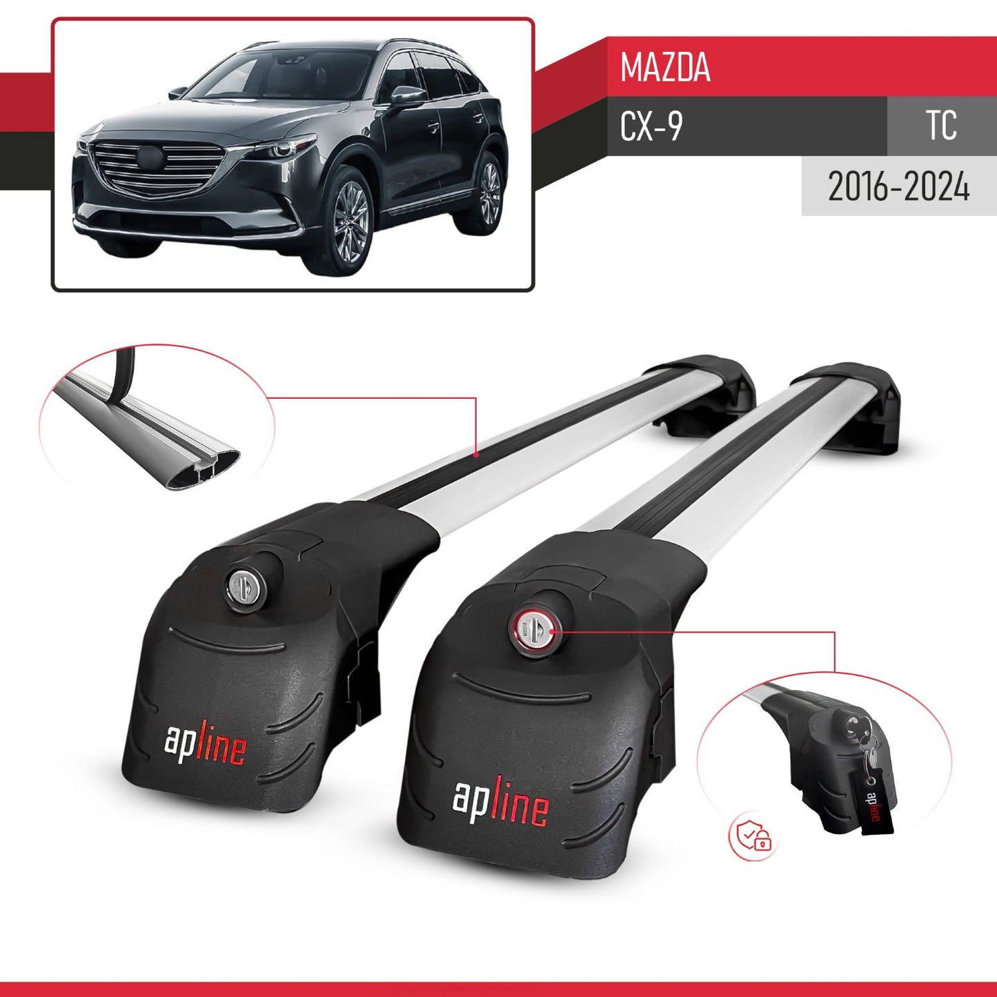 Compatible avec Mazda CX-9 (TC) 2016-2024 ACE-2 modèle Barres de Toit Railing Porte-Bagages de Voiture Gris Aluminium Barres